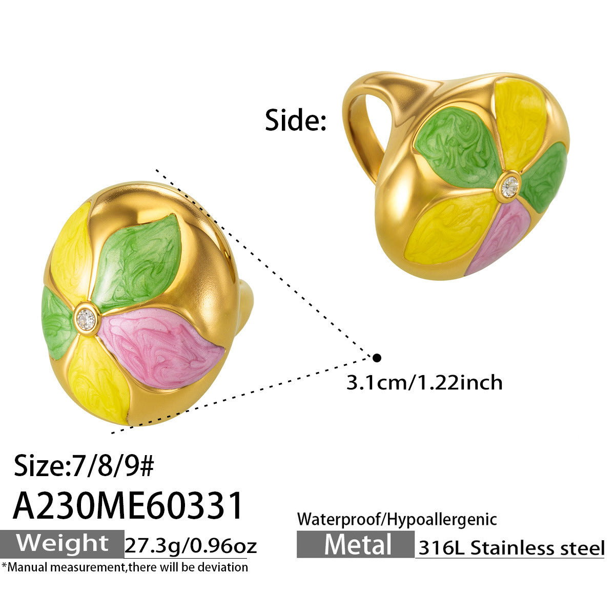 316L Stainless Steel 18K Gold PVD Color Drip Statement Ring - Bold Color Drip Gold Statement Ring Wholesale Stainless Steel Jewelry - Sensitive Skin Friendly - Detail 8