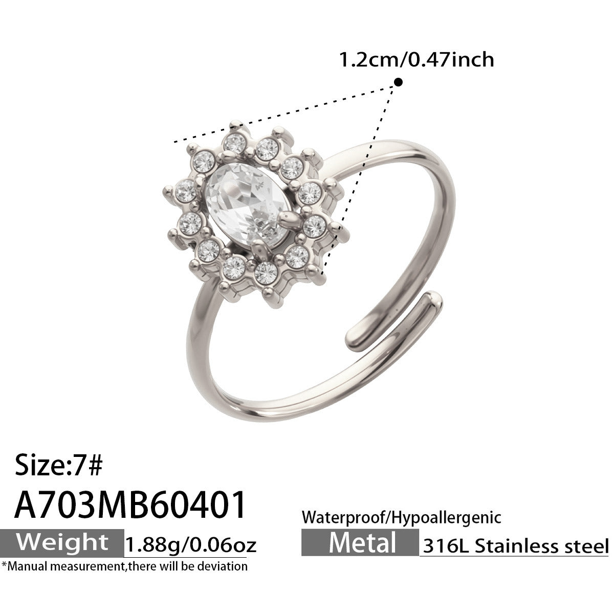 316L Stainless Steel 18K Gold PVD Colored Glass Flower Open Ring - Colored Glass Flower, Open Ring, Zircon Stone, Elegant, Fashion Band Wholesale Stainless Steel Jewelry - Sensitive Skin Friendly - Detail 10