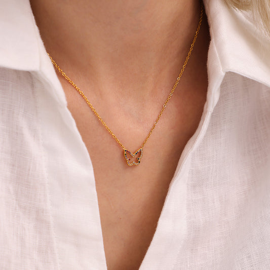 316L Stainless Steel 18K Gold PVD Colorful Zircon Butterfly Necklace - Colorful Zircon, Butterfly Pendant, Delicate Necklace, Minimalist Wholesale Stainless Steel Jewelry - Sensitive Skin Friendly - Detail 5