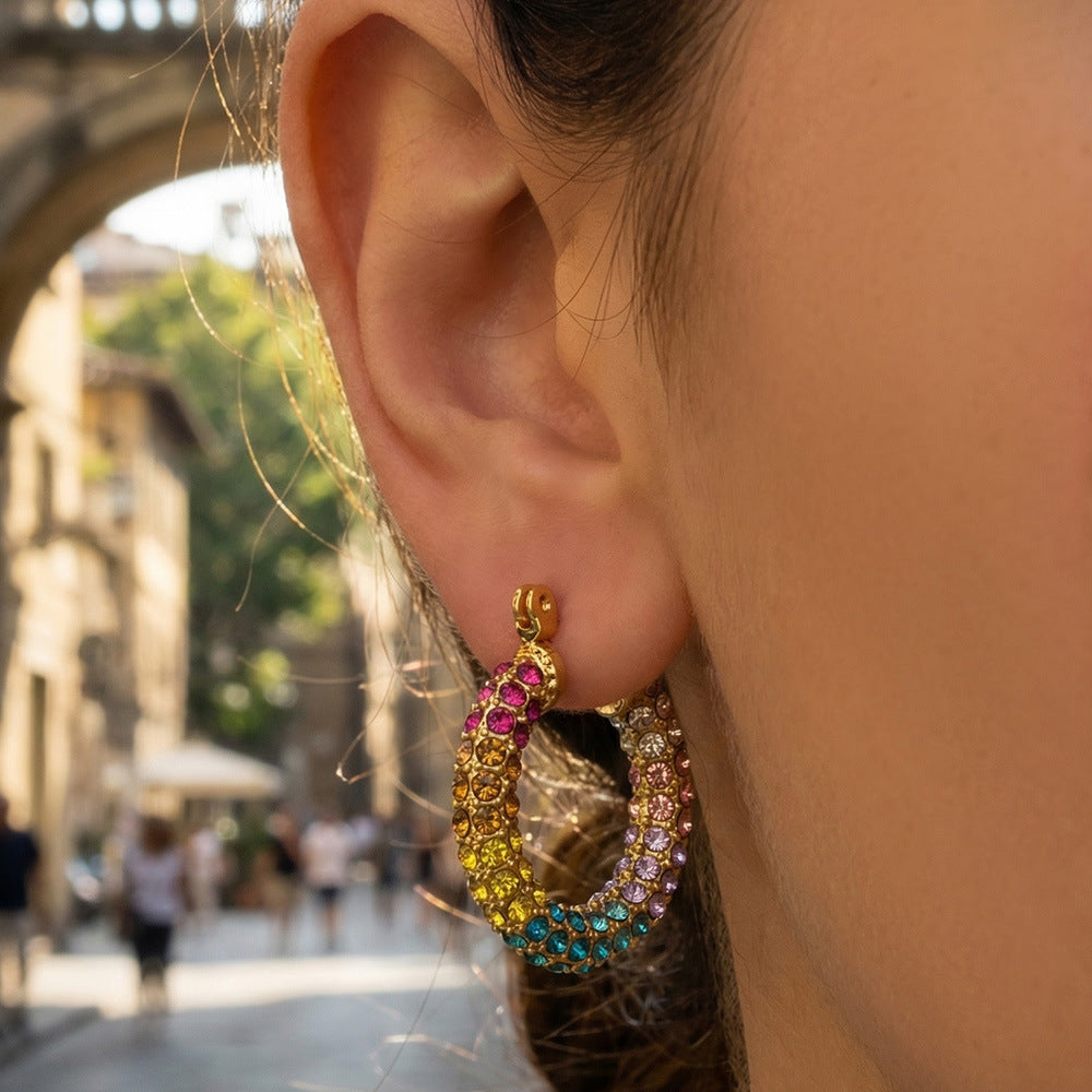 316L Stainless Steel 18K Gold PVD Colorful Zircon Rainbow Contrast Hoop Earrings - Colorful Zircon, Rainbow Contrast, Hoop Earrings, Gold PVD, Niche Design Wholesale Stainless Steel Jewelry - Sensitive Skin Friendly - Detail 11