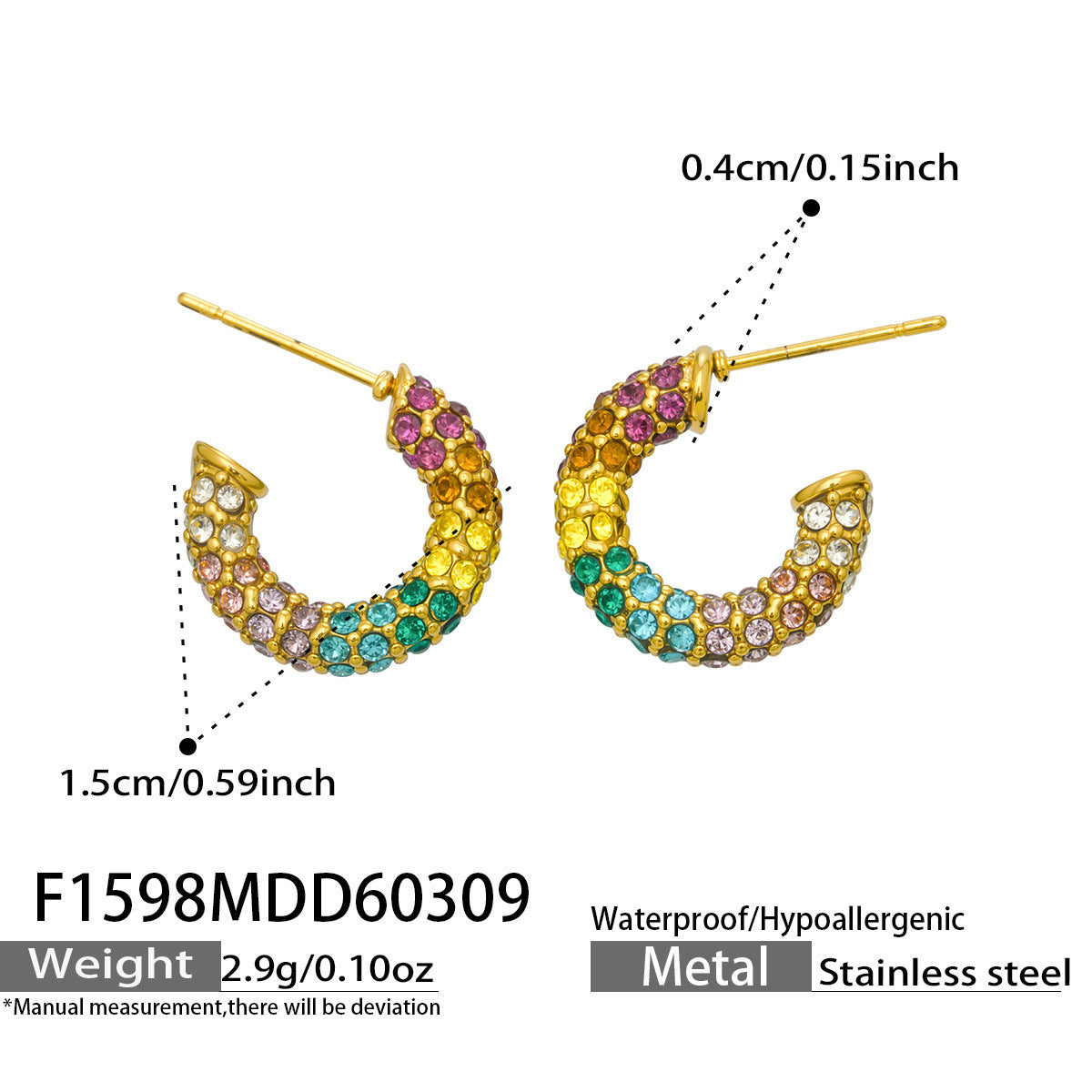 316L Stainless Steel 18K Gold PVD Colorful Zircon Rainbow Contrast Hoop Earrings - Colorful Zircon, Rainbow Contrast, Hoop Earrings, Gold PVD, Niche Design Wholesale Stainless Steel Jewelry - Sensitive Skin Friendly - Detail 12