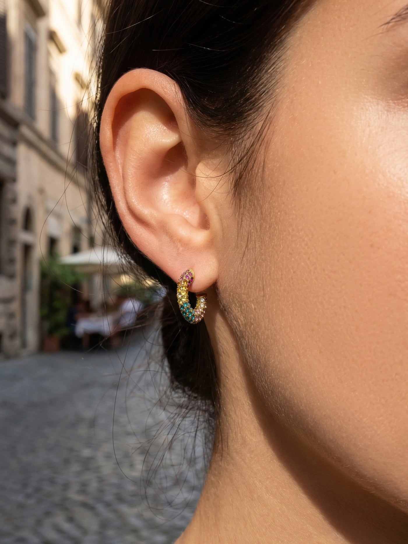316L Stainless Steel 18K Gold PVD Colorful Zircon Rainbow Contrast Hoop Earrings - Colorful Zircon, Rainbow Contrast, Hoop Earrings, Gold PVD, Niche Design Wholesale Stainless Steel Jewelry - Sensitive Skin Friendly - Detail 15