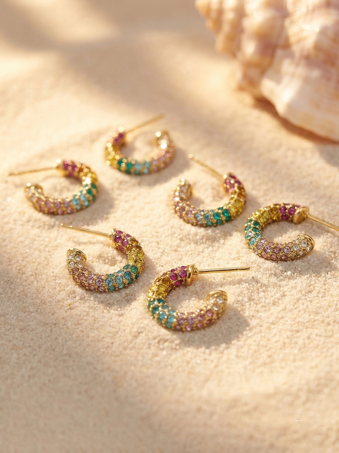 316L Stainless Steel 18K Gold PVD Colorful Zircon Rainbow Contrast Hoop Earrings - Colorful Zircon, Rainbow Contrast, Hoop Earrings, Gold PVD, Niche Design Wholesale Stainless Steel Jewelry - Sensitive Skin Friendly - Detail 2