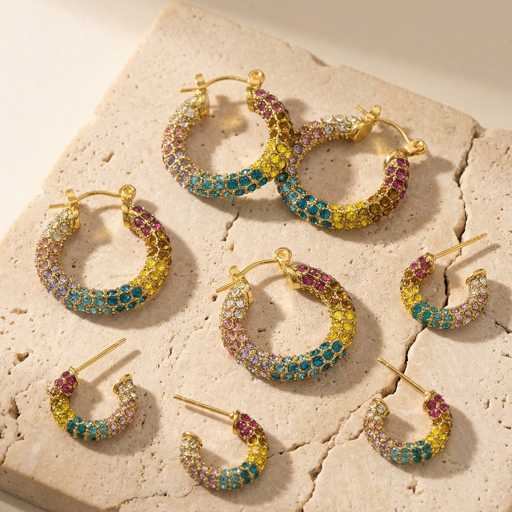 316L Stainless Steel 18K Gold PVD Colorful Zircon Rainbow Contrast Hoop Earrings - Colorful Zircon, Rainbow Contrast, Hoop Earrings, Gold PVD, Niche Design Wholesale Stainless Steel Jewelry - Sensitive Skin Friendly - Detail 3