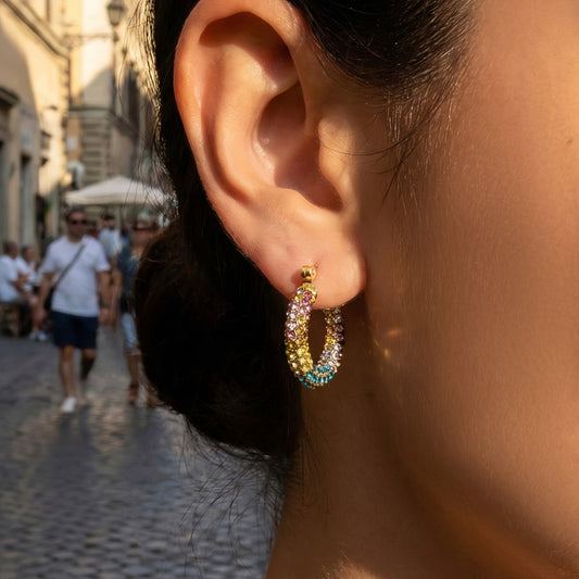 316L Stainless Steel 18K Gold PVD Colorful Zircon Rainbow Contrast Hoop Earrings - Colorful Zircon, Rainbow Contrast, Hoop Earrings, Gold PVD, Niche Design Wholesale Stainless Steel Jewelry - Sensitive Skin Friendly - Detail 4