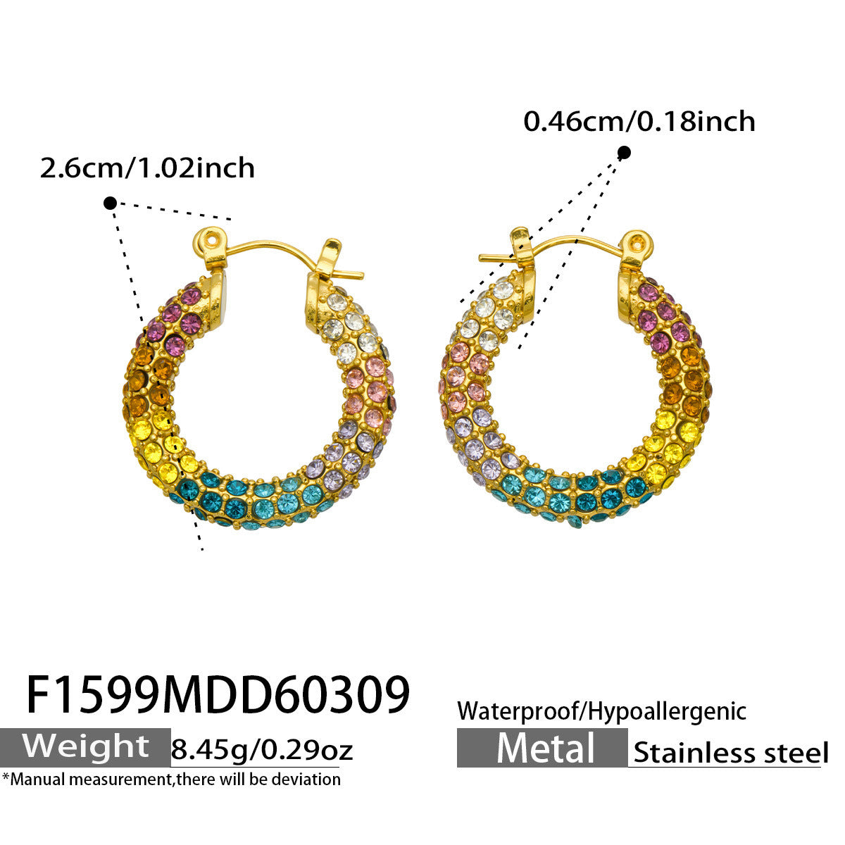 316L Stainless Steel 18K Gold PVD Colorful Zircon Rainbow Contrast Hoop Earrings - Colorful Zircon, Rainbow Contrast, Hoop Earrings, Gold PVD, Niche Design Wholesale Stainless Steel Jewelry - Sensitive Skin Friendly - Detail 8