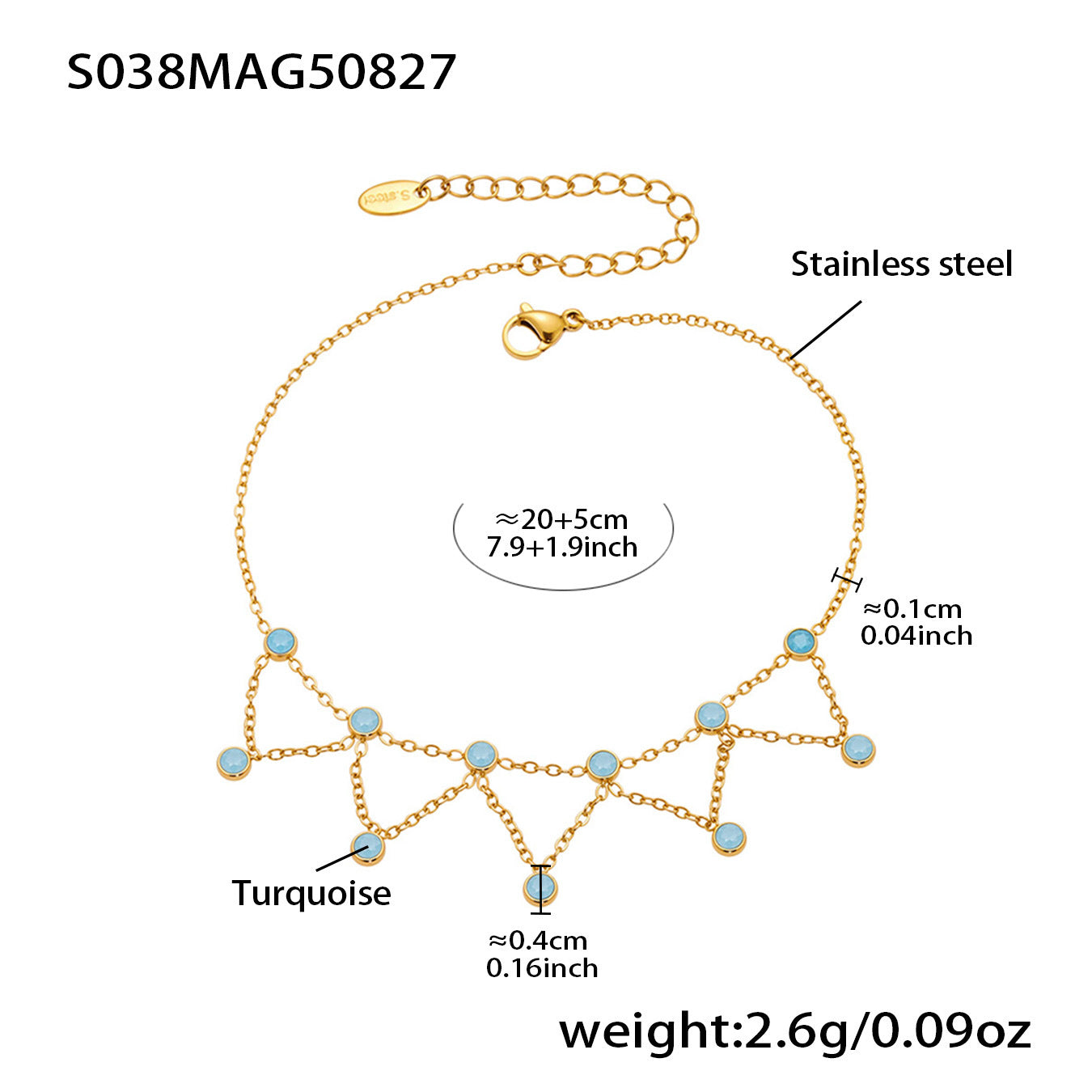 316L Stainless Steel 18K Gold PVD Dainty Starburst Charm Chain Anklet - Dainty, Starburst, Zircon, Turquoise, Minimalist, Gold, Chain Wholesale Stainless Steel Jewelry - Sensitive Skin Friendly - Detail 11