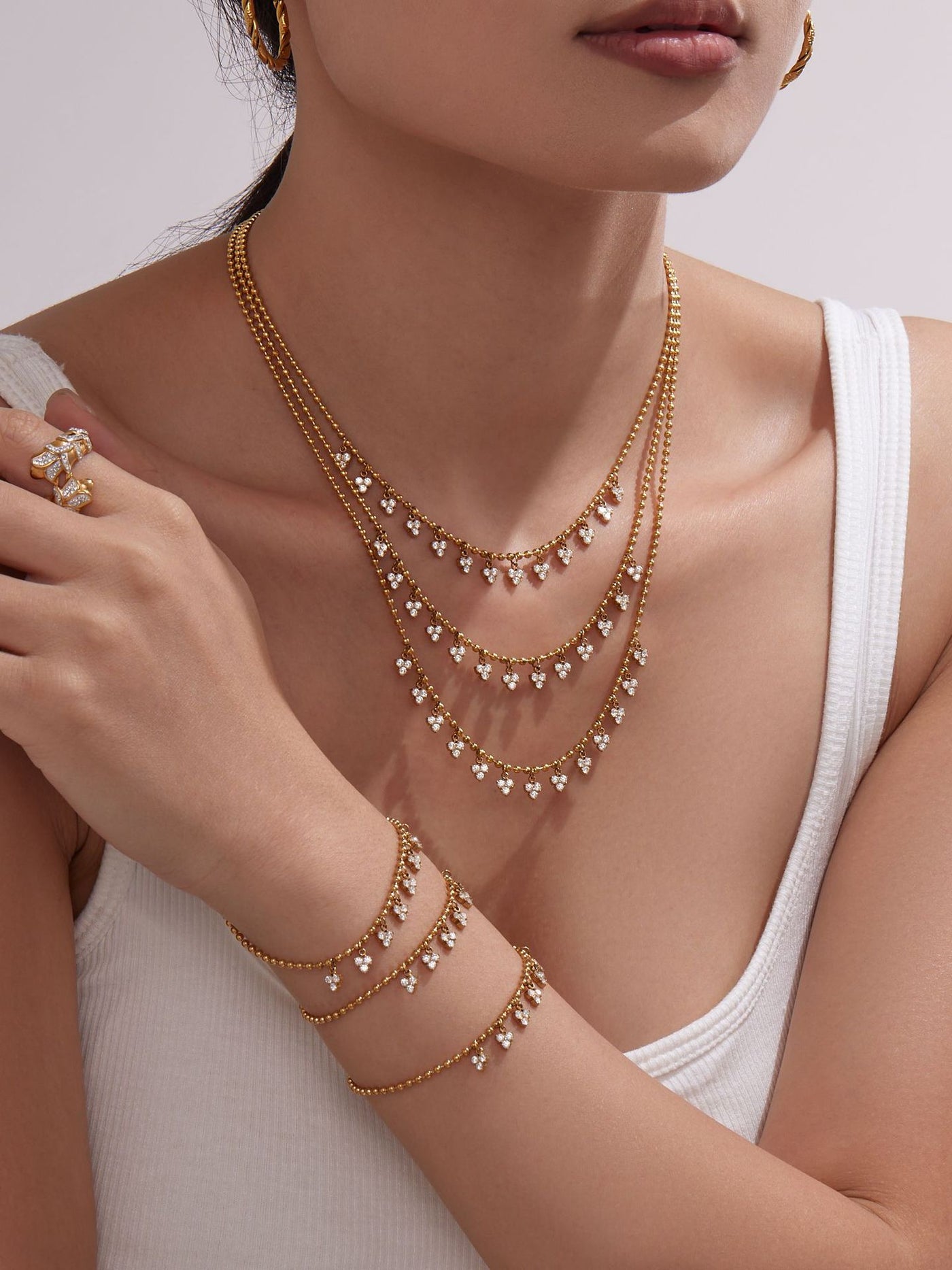 316L Stainless Steel 18K Gold PVD Delicate Triangle Tassel Micro Diamond Jewelry Set - Delicate, Triangle, Tassel, Micro Diamond, Minimalist Wholesale Stainless Steel Jewelry - Sensitive Skin Friendly - Detail 9