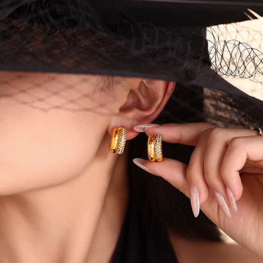 316L Stainless Steel 18K Gold PVD Double Layer C-Shaped Pave Zircon Earrings - Double Layer C-Shaped Pave Zircon Earrings Wholesale Stainless Steel Jewelry - Sensitive Skin Friendly - Detail 8