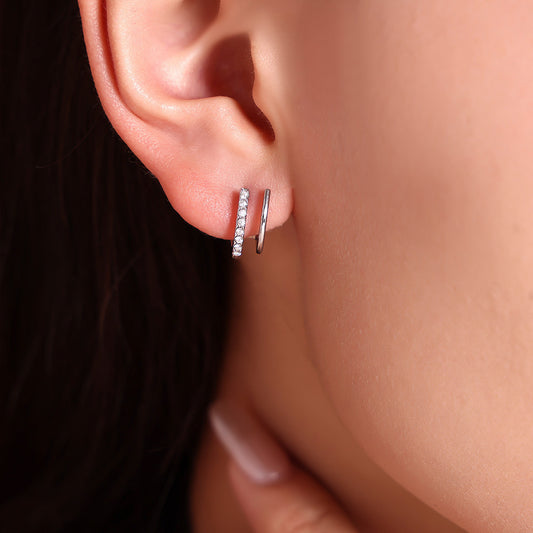316L Stainless Steel 18K Gold PVD Double Layer Small C Hoop Earrings with Paved Zircon - Double Layer Small C Hoop Pavé Zircon Minimalist Wholesale Stainless Steel Jewelry - Sensitive Skin Friendly - Detail 5