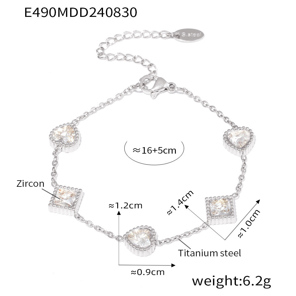 316L Stainless Steel 18K Gold PVD Elegant Heart Square Zircon Bracelet - Gold Heart, Square Zircon, Elegant, Modern Wholesale Stainless Steel Jewelry - Sensitive Skin Friendly - Detail 1
