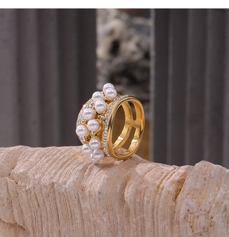 316L Stainless Steel 18K Gold PVD Elegant Pearl Accent Ring - Elegant Pearl Accent Gold Band Minimalist Wholesale Stainless Steel Jewelry - Sensitive Skin Friendly - Detail 6
