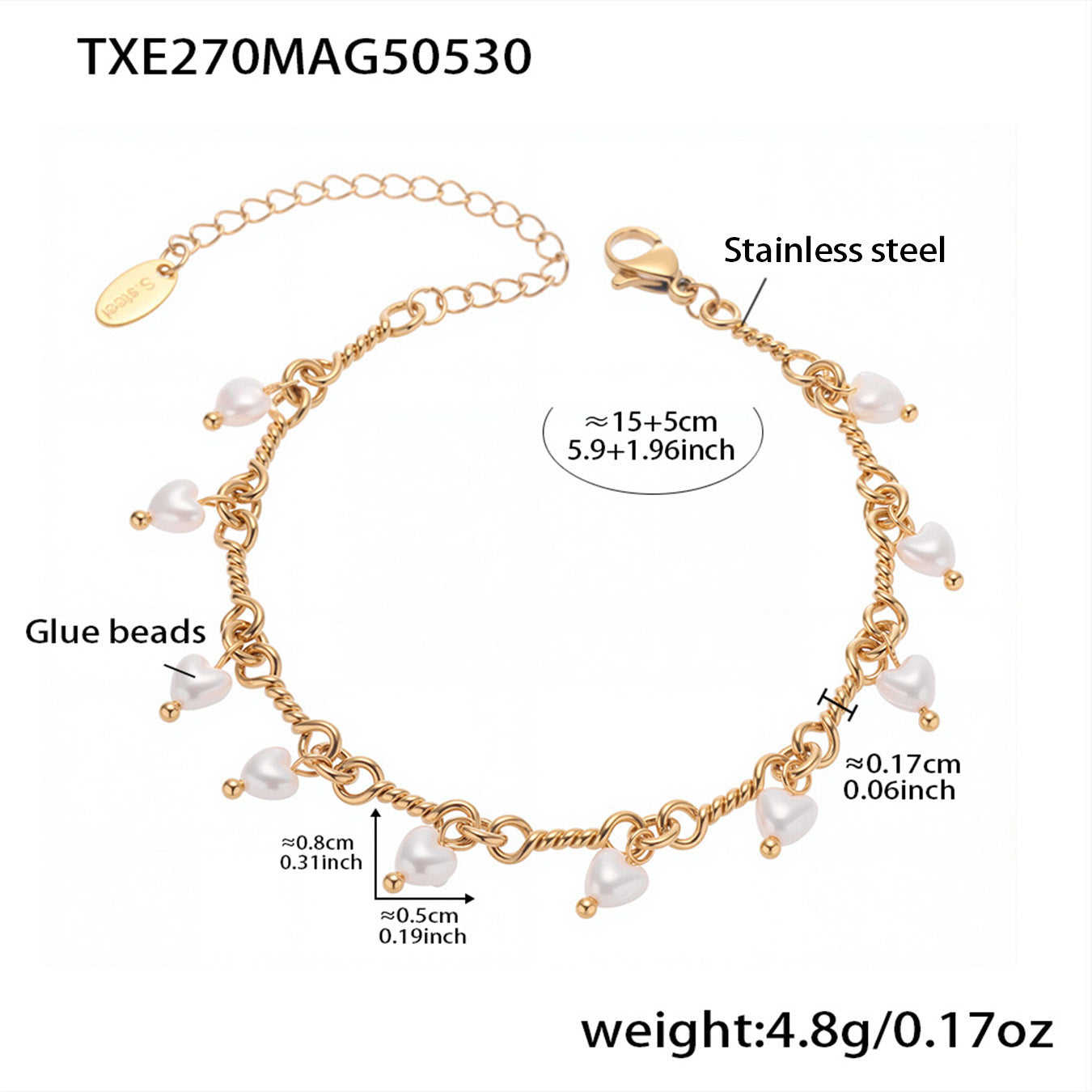 316L Stainless Steel 18K Gold PVD Elegant Shell Pearl Tassel Necklace & Bracelet Set - Shell Pearl, Tassel, Elegant, Heart, Round Wholesale Stainless Steel Jewelry - Sensitive Skin Friendly - Detail 4