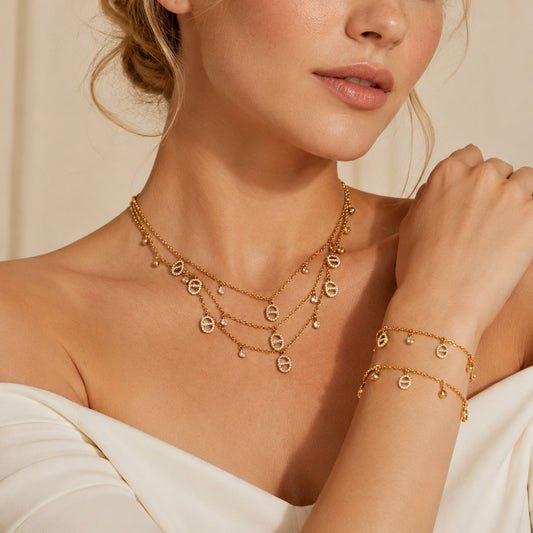 316L Stainless Steel 18K Gold PVD Embedded Zircon Necklace Set - Vintage Gold Band Embedded Zircon Wholesale Stainless Steel Jewelry - Sensitive Skin Friendly - Detail 1