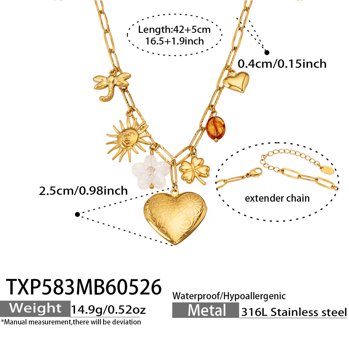 316L Stainless Steel 18K Gold PVD Enamel Heart Necklace - Enamel Heart, Gold Pendant Wholesale Stainless Steel Jewelry - Sensitive Skin Friendly - Detail 18