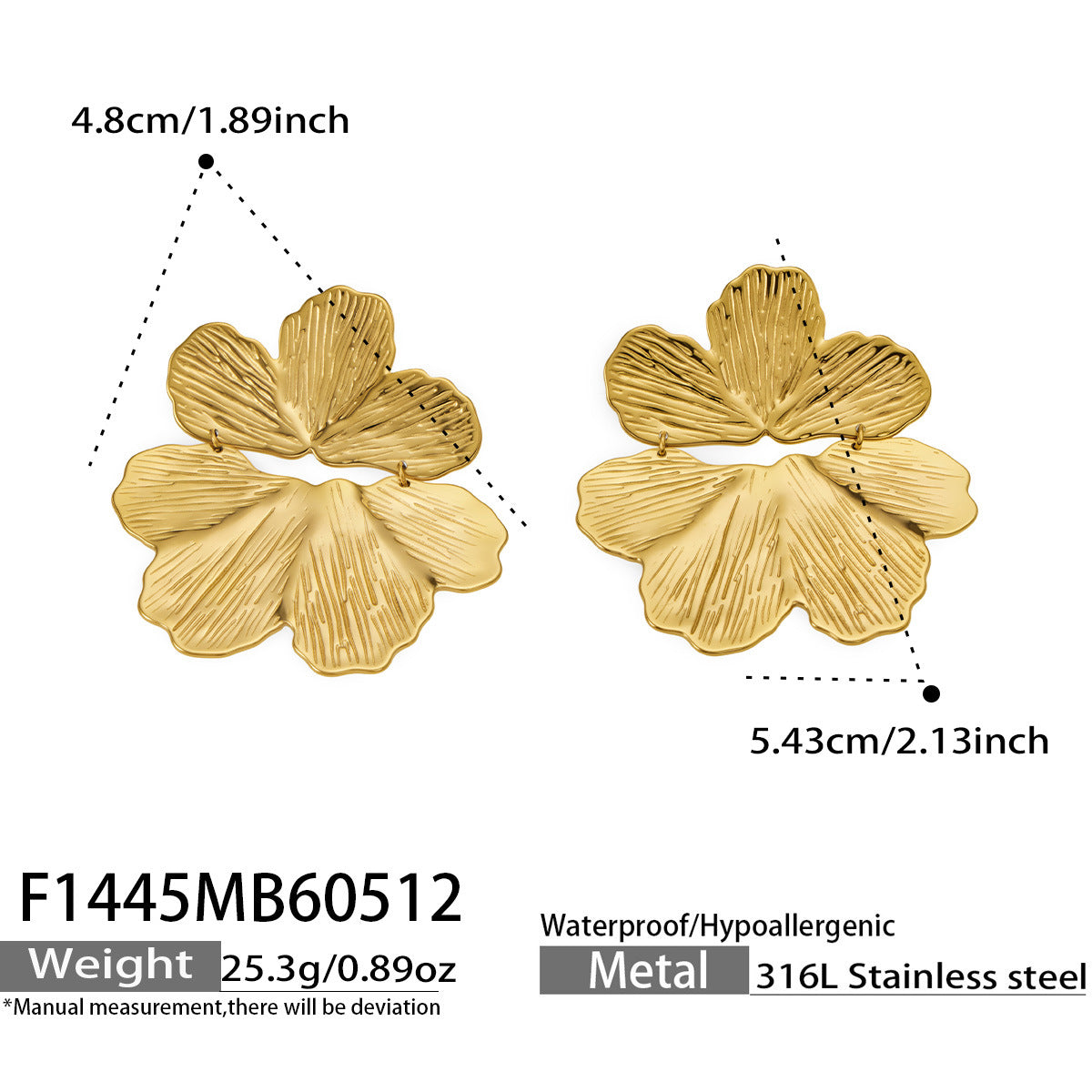 316L Stainless Steel 18K Gold PVD Exaggerated Floral Earrings - Exaggerated Floral Bold Modern Wholesale Stainless Steel Jewelry - Sensitive Skin Friendly - Detail 12