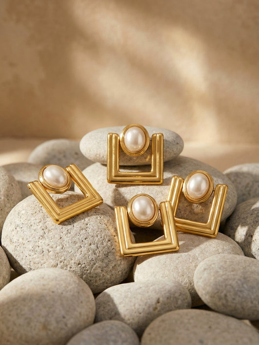 316L Stainless Steel 18K Gold PVD Faux Pearl Vintage Geometric Square Stud Earrings - Faux Pearl, Vintage, Geometric, Square, Gold Wholesale Stainless Steel Jewelry - Sensitive Skin Friendly - Detail 2