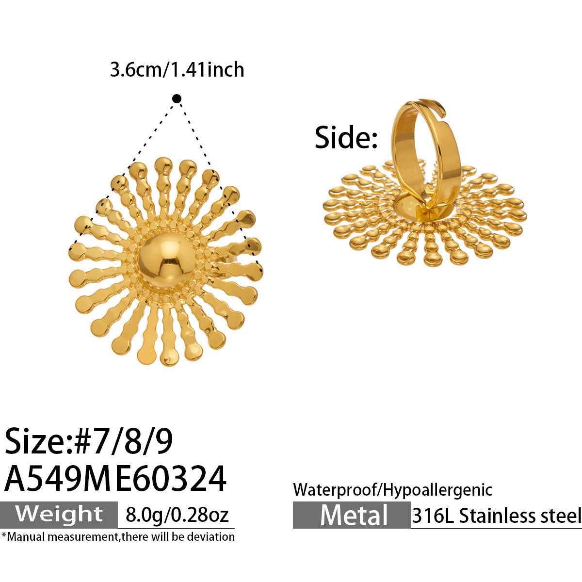 316L Stainless Steel 18K Gold PVD Floral Sunburst Adjustable Open Ring - Floral Sunburst Open Ring Wholesale Stainless Steel Jewelry - Sensitive Skin Friendly - Detail 22