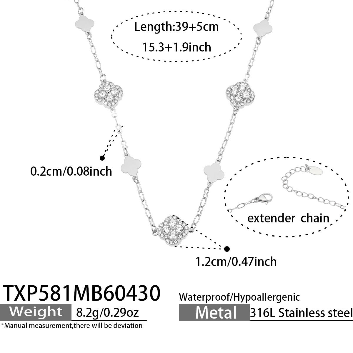 316L Stainless Steel 18K Gold PVD Four-Leaf Clover Flower Zircon Necklace Bracelet - Four-Leaf Clover Flower Zircon Wholesale Stainless Steel Jewelry - Sensitive Skin Friendly - Detail 1