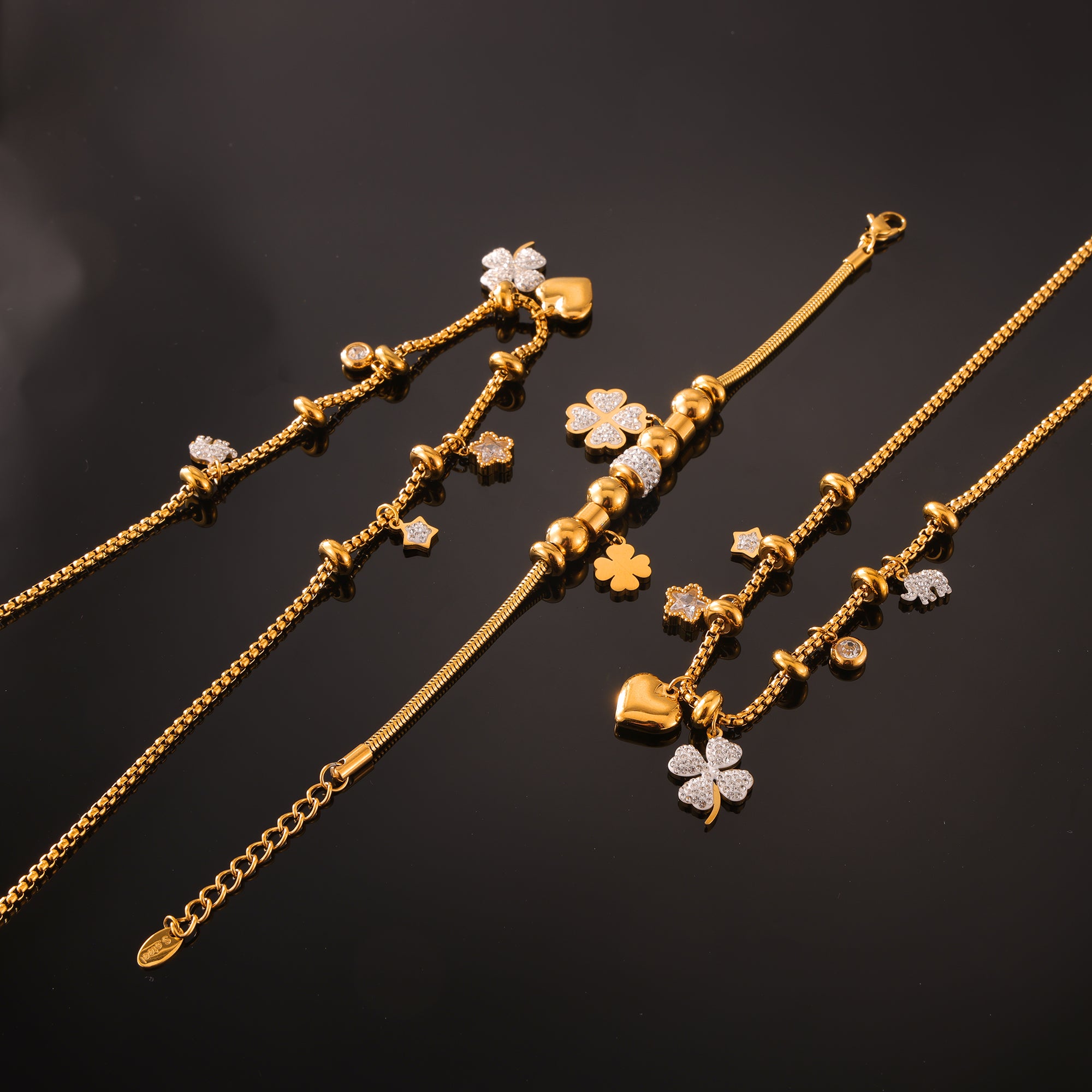316L Stainless Steel 18K Gold PVD Four Leaf Clover & Heart Pendant Bracelet & Necklace Set - Four Leaf Clover Pendant, Heart Pendant, Gold Bracelet, Gold Necklace, Minimalist Jewelry, Elegant Set Wholesale Stainless Steel Jewelry - Sensitive Skin Friendly - Detail 20