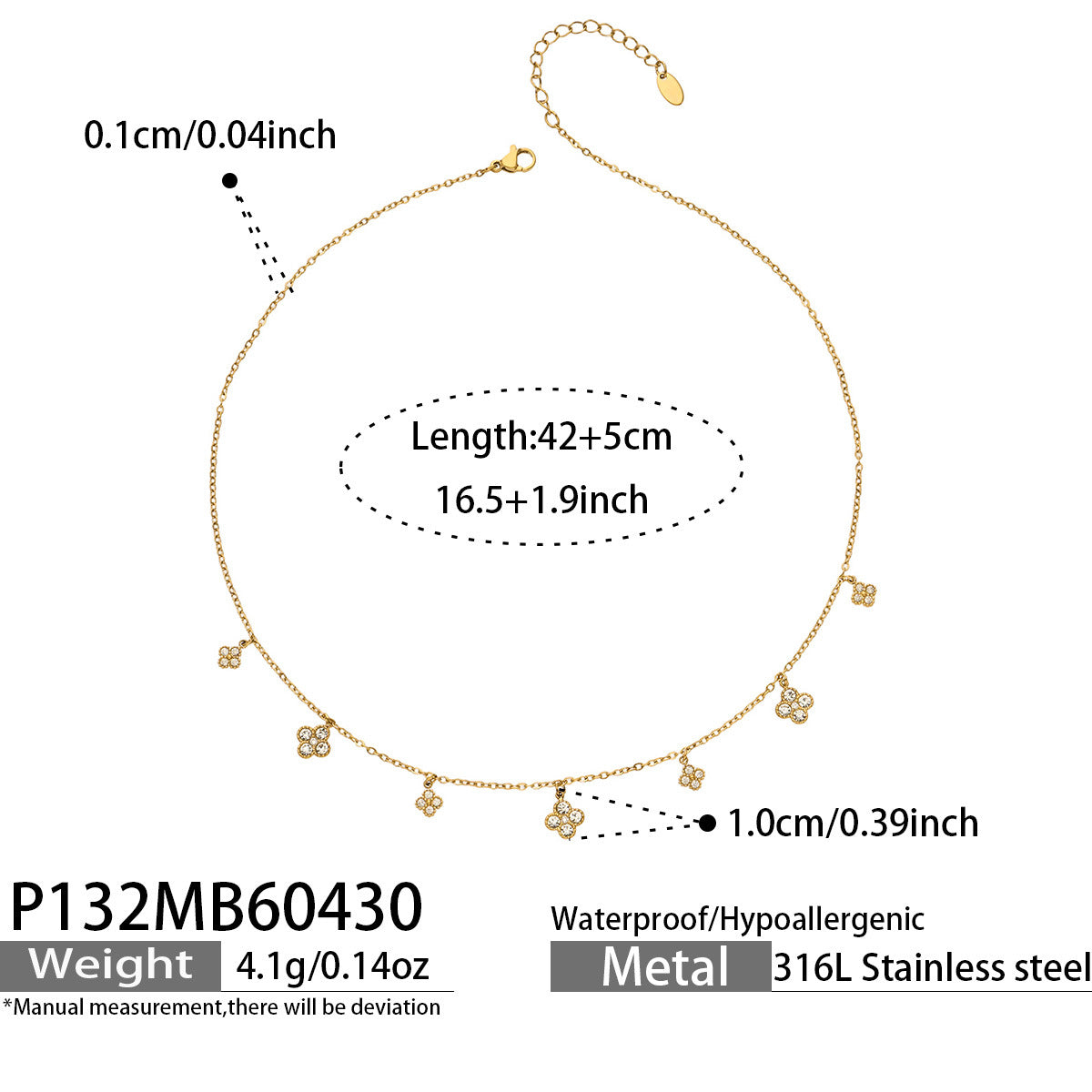 316L Stainless Steel 18K Gold PVD Four-Leaf Clover Pavé Necklace - Four-Leaf Clover Pavé Gold Necklace Wholesale Stainless Steel Jewelry - Sensitive Skin Friendly - Detail 10
