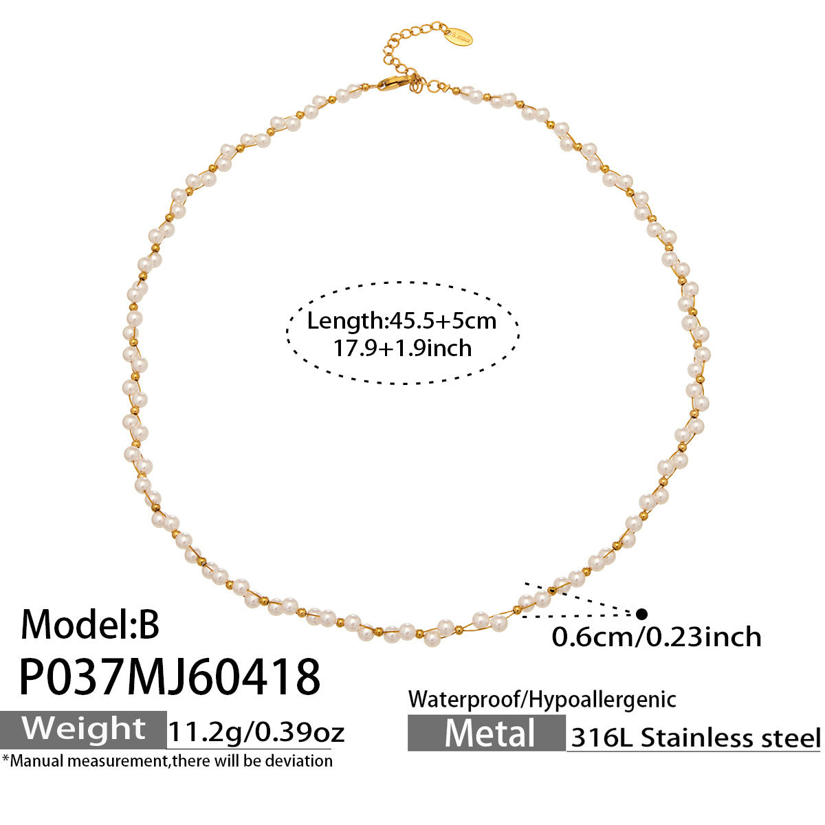 316L Stainless Steel 18K Gold PVD French Style Faux Pearl Necklace