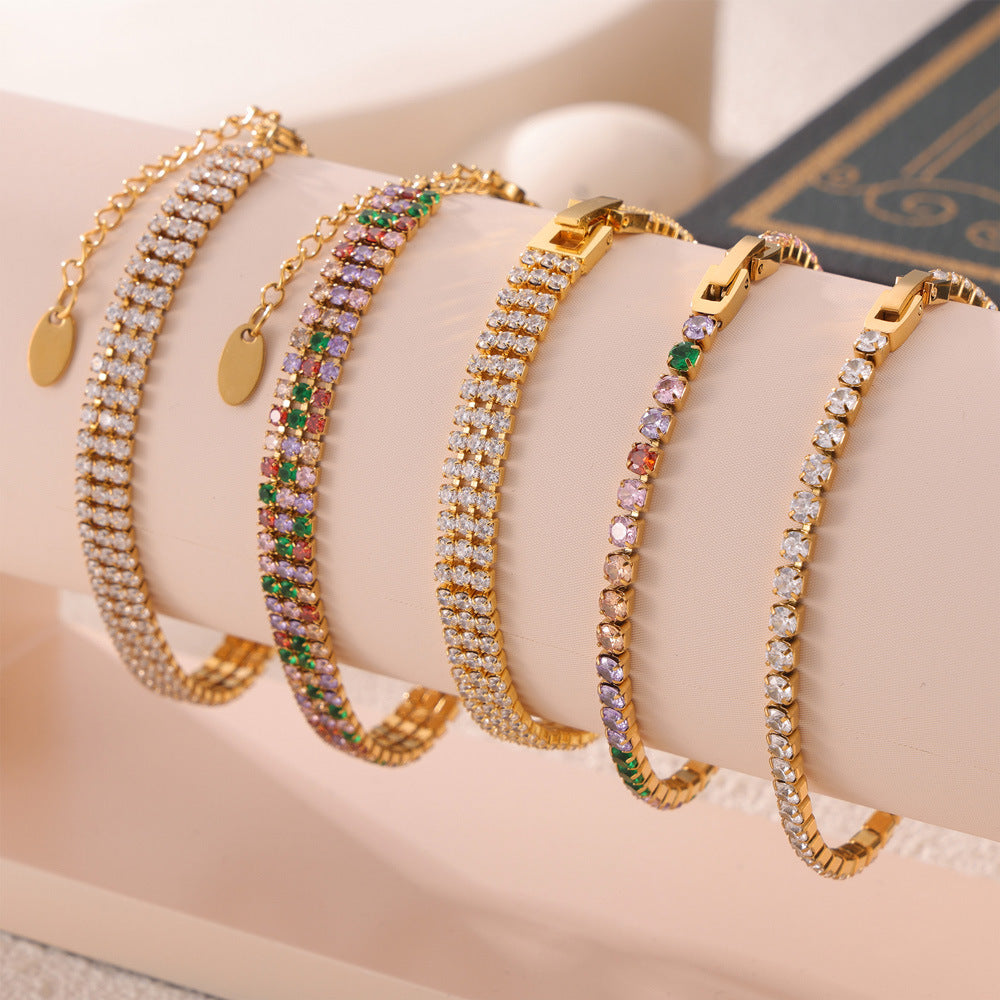 316L Stainless Steel 18K Gold PVD French Minimalist Full-Pavé Colorful Zircon Bracelet - French Minimalist, Full-Pavé Zircon, Colorful Zircon, White Zircon, Gold Plated, Steel Finish, Elegant Bracelet Wholesale Stainless Steel Jewelry - Sensitive Skin Friendly - Detail 1