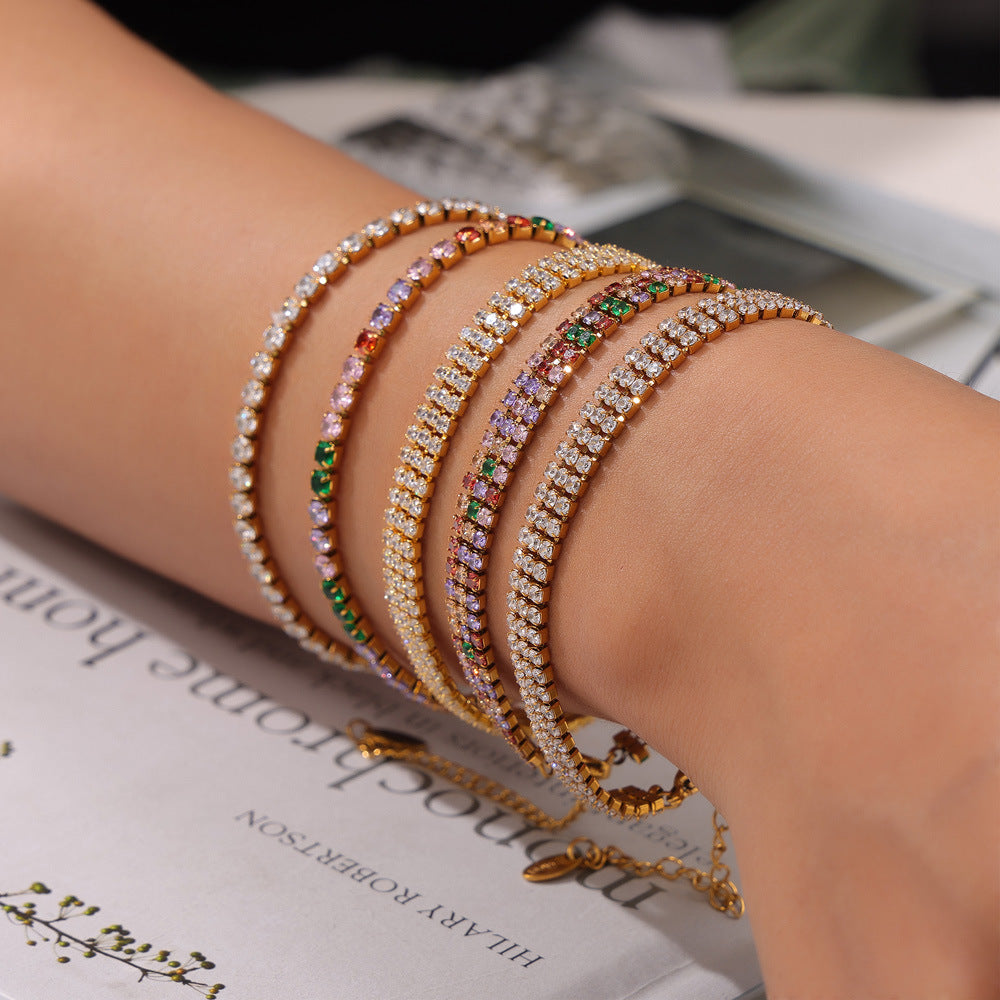 316L Stainless Steel 18K Gold PVD French Minimalist Full-Pavé Colorful Zircon Bracelet - French Minimalist, Full-Pavé Zircon, Colorful Zircon, White Zircon, Gold Plated, Steel Finish, Elegant Bracelet Wholesale Stainless Steel Jewelry - Sensitive Skin Friendly - Detail 10