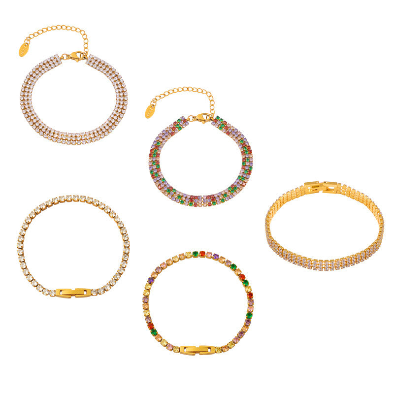 316L Stainless Steel 18K Gold PVD French Minimalist Full-Pavé Colorful Zircon Bracelet - French Minimalist, Full-Pavé Zircon, Colorful Zircon, White Zircon, Gold Plated, Steel Finish, Elegant Bracelet Wholesale Stainless Steel Jewelry - Sensitive Skin Friendly - Detail 14