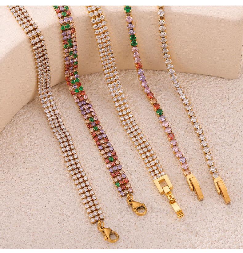 316L Stainless Steel 18K Gold PVD French Minimalist Full-Pavé Colorful Zircon Bracelet - French Minimalist, Full-Pavé Zircon, Colorful Zircon, White Zircon, Gold Plated, Steel Finish, Elegant Bracelet Wholesale Stainless Steel Jewelry - Sensitive Skin Friendly - Detail 9