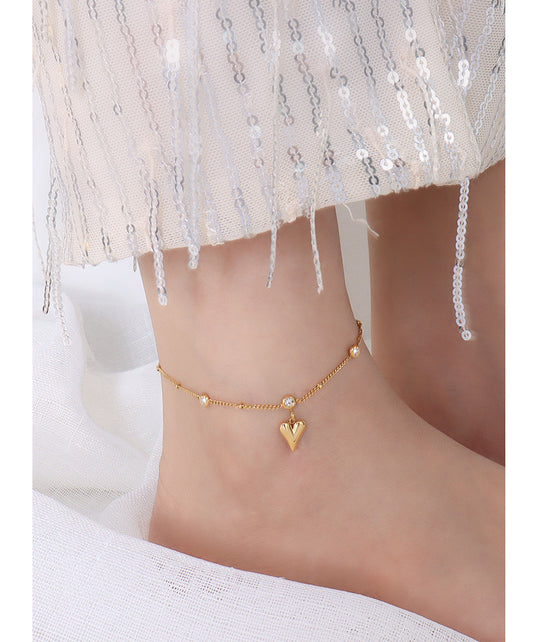 316L Stainless Steel 18K Gold PVD French Style Zircon Heart Anklet - French Style, Heart Pendant, Zircon, Anklet, Gold PVD, Minimalist Wholesale Stainless Steel Jewelry - Sensitive Skin Friendly - Detail 3