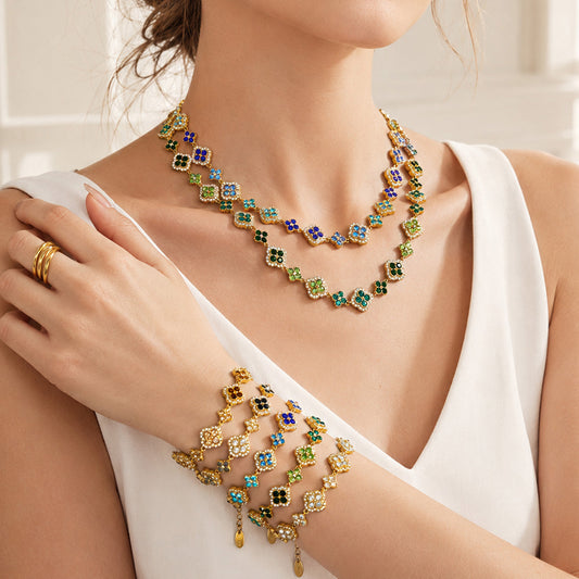 316L Stainless Steel 18K Gold PVD Full Zircon Four Leaf Clover Jewelry Set - Four Leaf Clover Full Zircon Luxury Gold Jewelry Colorful Zircon Necklace Bracelet Earrings Wholesale Stainless Steel Jewelry - Sensitive Skin Friendly - Detail 1