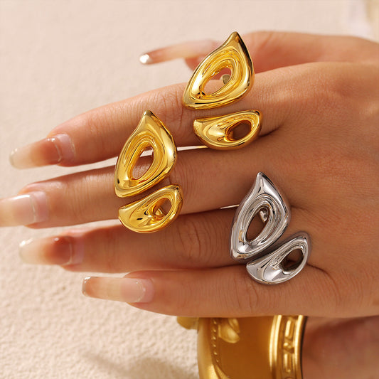 316L Stainless Steel 18K Gold PVD Geometric Hollow Snout Open Ring - Geometric Hollow Open Ring Minimalist Snout Design Wholesale Stainless Steel Jewelry - Sensitive Skin Friendly - Detail 2