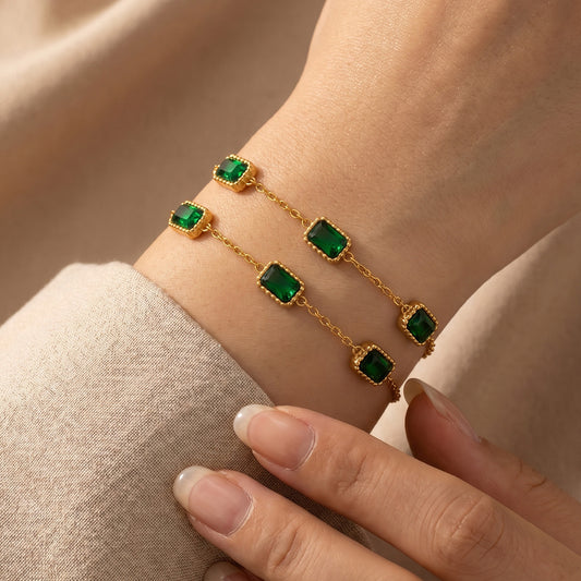 316L Stainless Steel 18K Gold PVD Green Zircon Bracelet - Vintage Gold Band Green Zircon Wholesale Stainless Steel Jewelry - Sensitive Skin Friendly - Detail 1