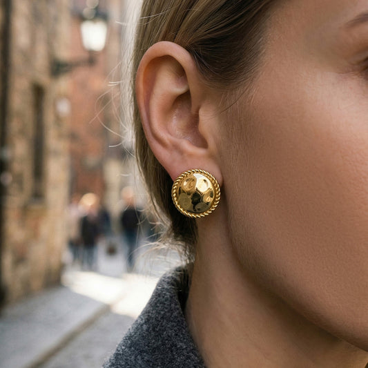 316L Stainless Steel 18K Gold PVD Hammered Round Textured Earrings - Hammered Round, Textured, Minimalist, Chic Wholesale Stainless Steel Jewelry - Sensitive Skin Friendly - Detail 1