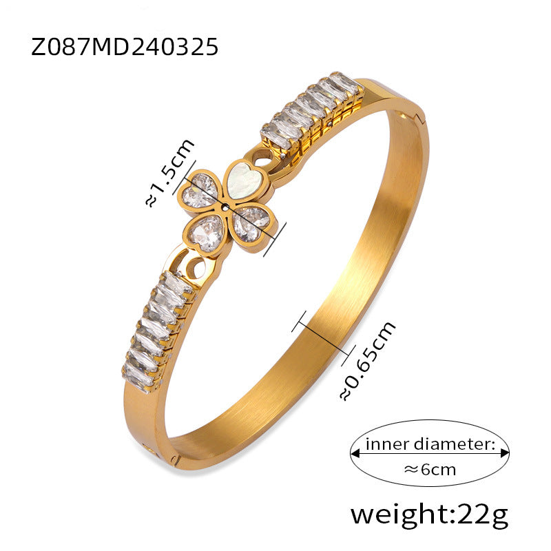 316L Stainless Steel 18K Gold PVD Heart Inlay Zircon Mother of Pearl Statement Bangle - French Elegant Heart Inlay Zircon Mother of Pearl Statement Bangle Wholesale Stainless Steel Jewelry - Sensitive Skin Friendly - Detail 1