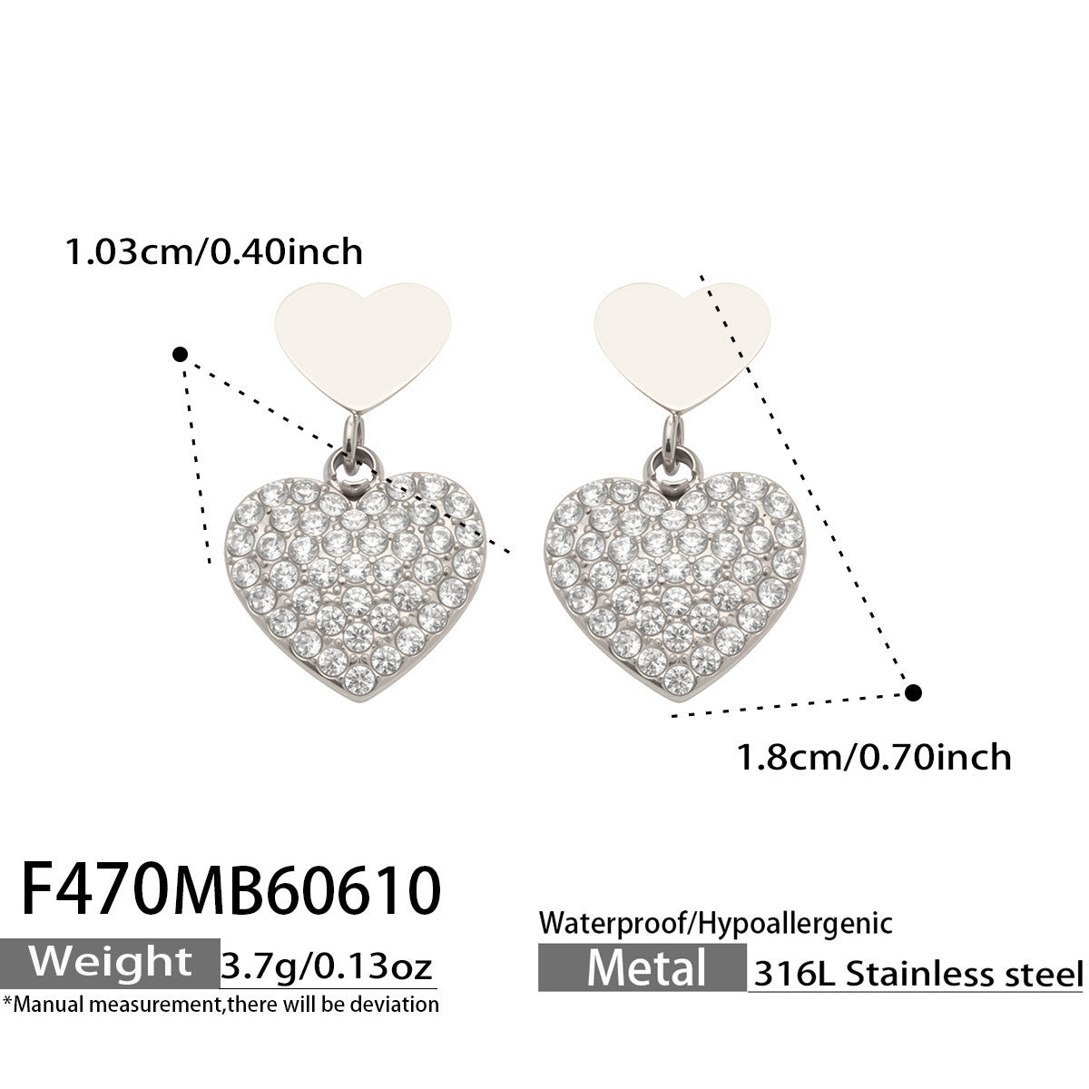 316L Stainless Steel 18K Gold PVD Heart Pendant Earrings - Heart Pendant, Elegant Design, Stainless Steel, Zircon Accents Wholesale Stainless Steel Jewelry - Sensitive Skin Friendly - Detail 13