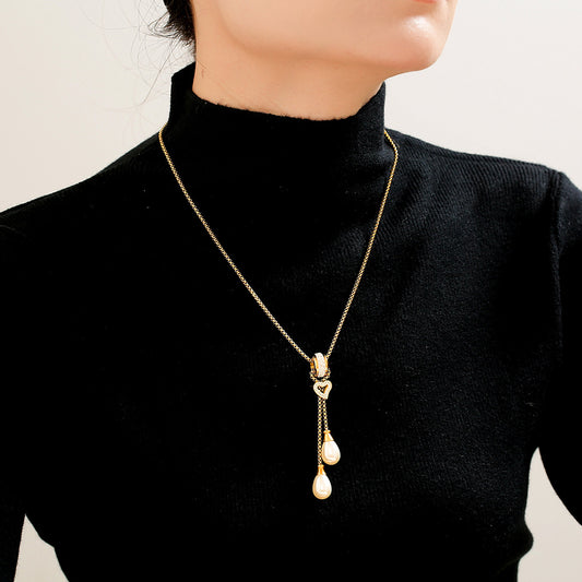 316L Stainless Steel 18K Gold PVD Heart Tassel Faux Pearl Pendant Necklace - Heart Pendant, Tassel, Faux Pearl, Layering, Light Luxury, Elegant Wholesale Stainless Steel Jewelry - Sensitive Skin Friendly - Detail 3