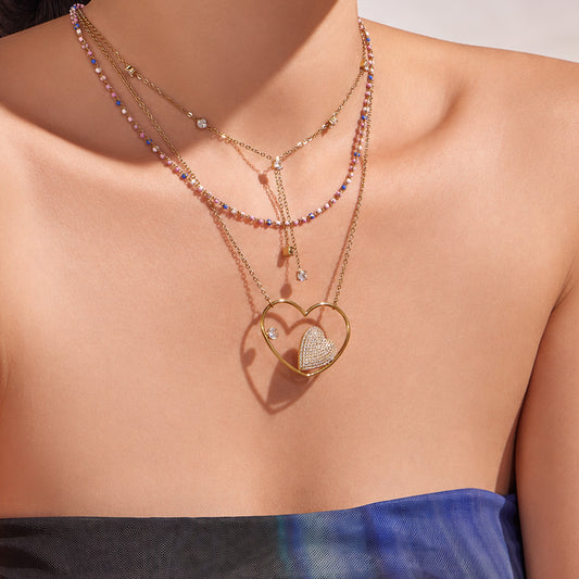 316L Stainless Steel 18K Gold PVD Heart Zircon Necklace - Heart Zircon, Elegant Design, Modern Style Wholesale Stainless Steel Jewelry - Sensitive Skin Friendly - Detail 10