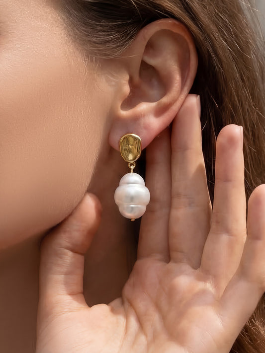 316L Stainless Steel 18K Gold PVD Irregular Faux Pearl Earrings - Irregular Faux Pearl, Unique Design, Light Luxury Wholesale Stainless Steel Jewelry - Sensitive Skin Friendly - Detail 14