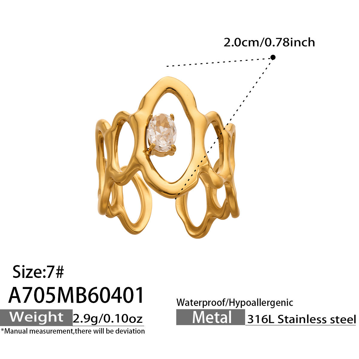 316L Stainless Steel 18K Gold PVD Love Heart Hollow Glass Stone Ring - 18K Gold Plated, Glass Stone, Love Heart Hollow, Niche Design Wholesale Stainless Steel Jewelry - Sensitive Skin Friendly
