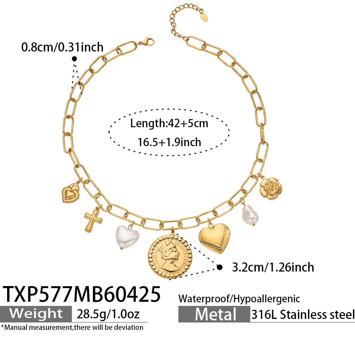 316L Stainless Steel 18K Gold PVD Love Heart Vintage Pearl Necklace Bracelet - Vintage Gold Love Heart Faux Pearl Wholesale Stainless Steel Jewelry - Sensitive Skin Friendly - Detail 15