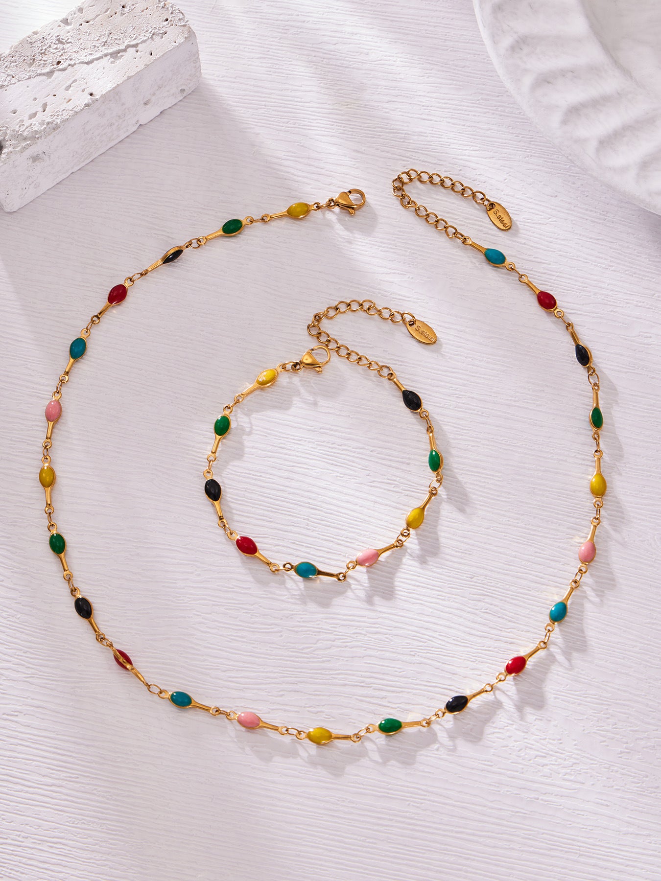 316L Stainless Steel 18K Gold PVD Minimalist Dopamine Color-Block Enamel Necklace & Bracelet Set - Dopamine Color-Block, Enamel, Minimalist, Modern, Stainless Steel, Gold Plated, Necklace, Bracelet Set Sensitive Skin Friendly - Detail 21