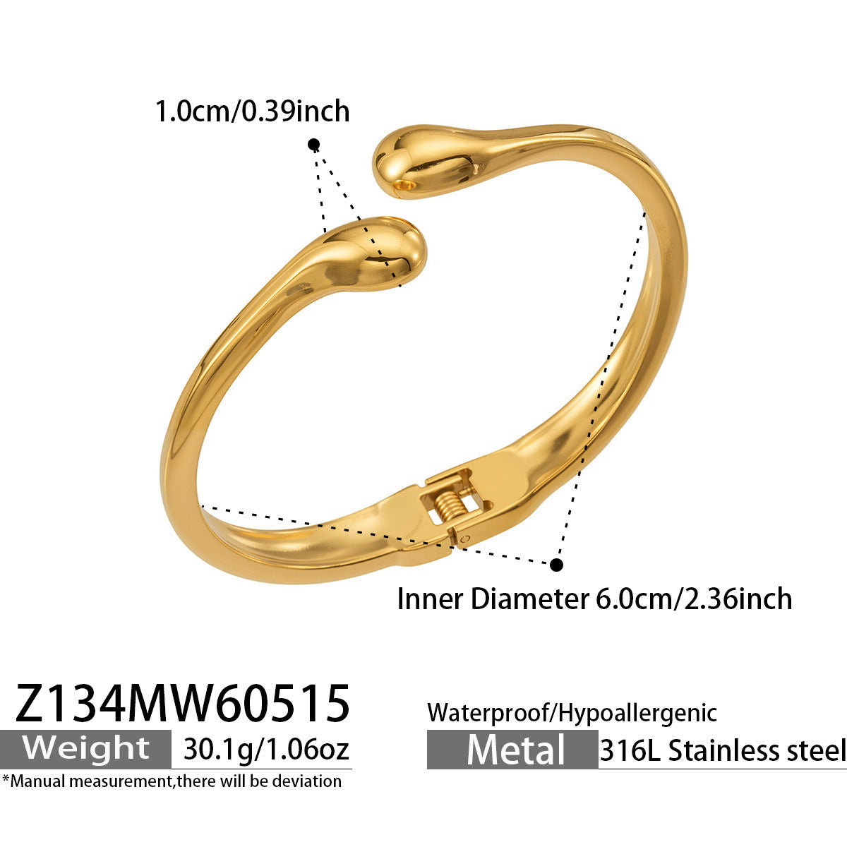 316L Stainless Steel 18K Gold PVD Minimalist Smooth Waterdrop Open Bangle - Minimalist Waterdrop Smooth Open Bangle Wholesale Stainless Steel Jewelry - Sensitive Skin Friendly - Detail 6