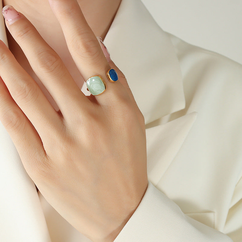 316L Stainless Steel 18K Gold PVD Modern Enamel Adjustable Open Ring - Modern Coastal Green Enamel Adjustable Open Ring Long Square Square Wholesale Stainless Steel Jewelry - Sensitive Skin Friendly - Detail 3