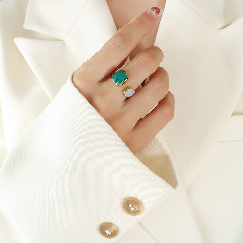 316L Stainless Steel 18K Gold PVD Modern Enamel Adjustable Open Ring - Modern Coastal Green Enamel Adjustable Open Ring Long Square Square Wholesale Stainless Steel Jewelry - Sensitive Skin Friendly - Detail 4