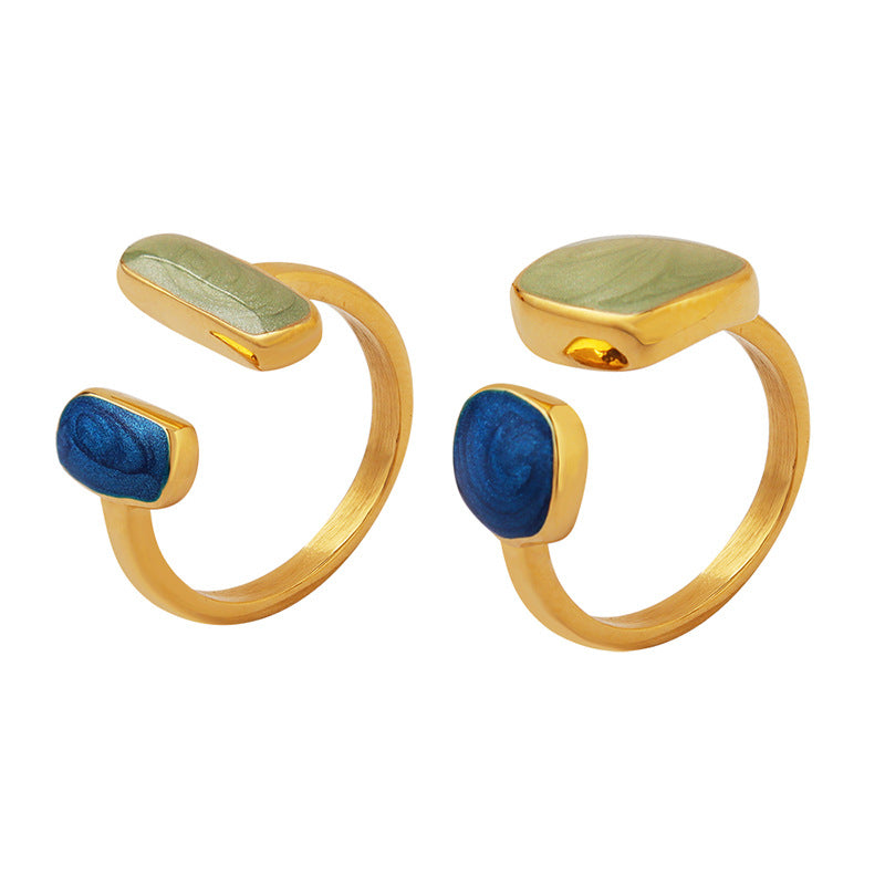 316L Stainless Steel 18K Gold PVD Modern Enamel Adjustable Open Ring - Modern Coastal Green Enamel Adjustable Open Ring Long Square Square Wholesale Stainless Steel Jewelry - Sensitive Skin Friendly - Detail 5