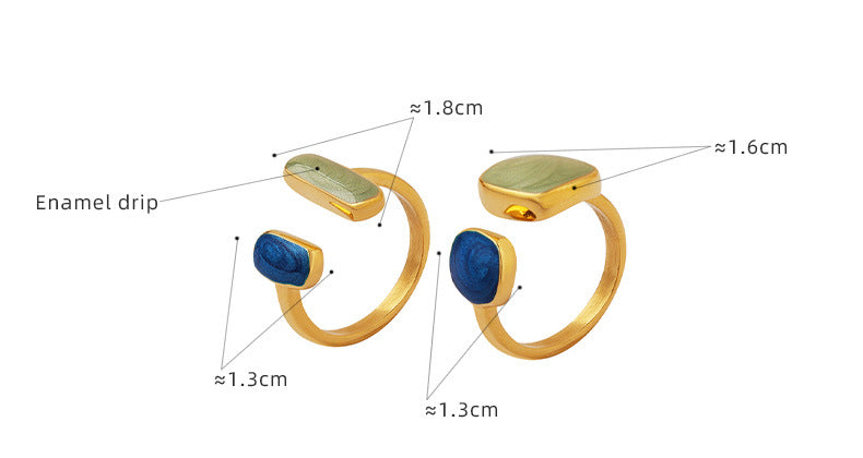 316L Stainless Steel 18K Gold PVD Modern Enamel Adjustable Open Ring - Modern Coastal Green Enamel Adjustable Open Ring Long Square Square Wholesale Stainless Steel Jewelry - Sensitive Skin Friendly - Detail 9