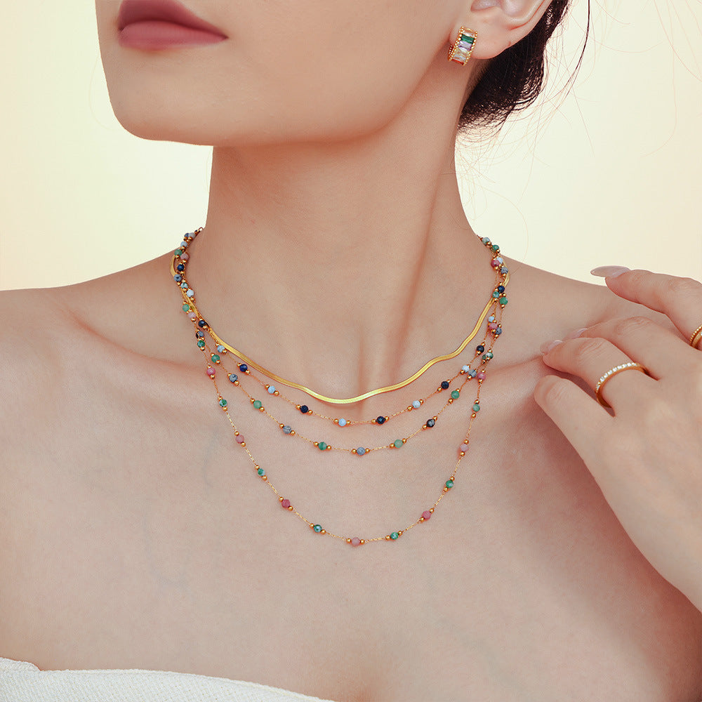 316L Stainless Steel 18K Gold PVD Natural Stone Beaded Double Layer Necklace - Image 8