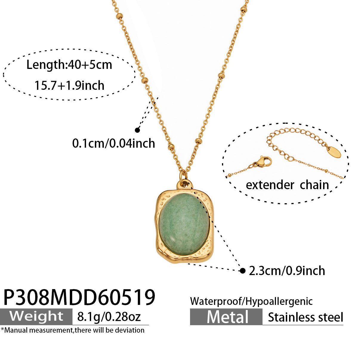316L Stainless Steel 18K Gold PVD Natural Stone Green Necklace - Vintage Natural Green Stone Wholesale Stainless Steel Jewelry - Sensitive Skin Friendly - Detail 5